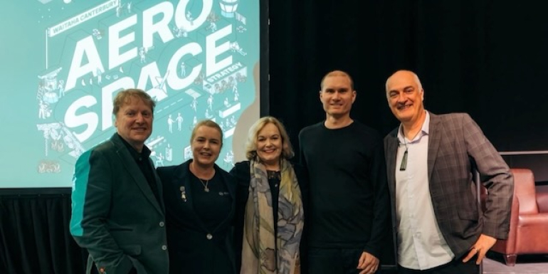 L to R: Mark Rocket, Kea Aerospace; Miranda Satterthwaite, Aerospace New Zealand; Hon Judith Collins KC, Minister for Space; James Powell, Dawn Aerospace; David Downs, The New Zealand Story.