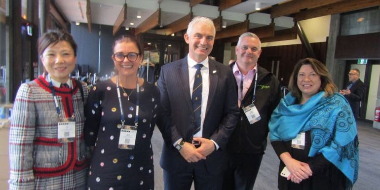 At the TRENZ Hui in Christchurch, Lisa Li, CTS; Anna Black, General Travel, Tourism Minister Stuart Nash; Scott Mehrtens, Leisure Time Travel, Lynda Keene, Tourism Export Council NZ